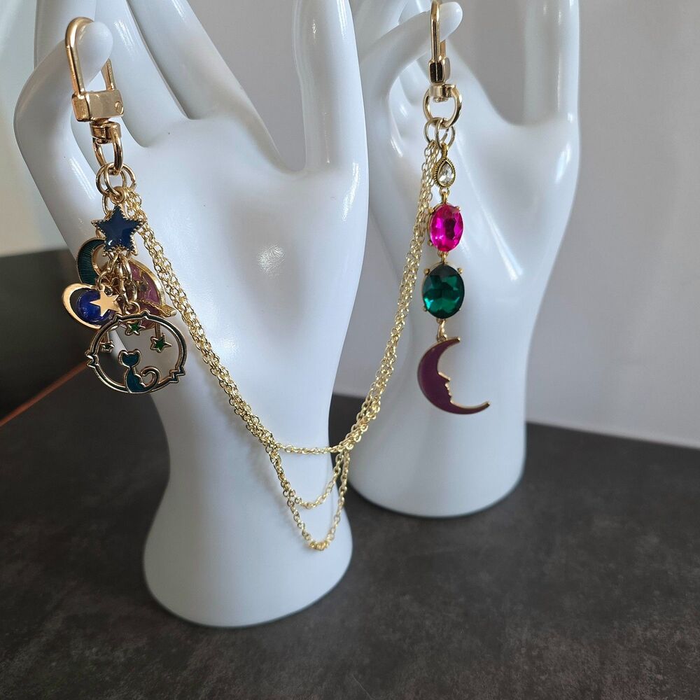 Whimsical Celestial Purse Chain Gold Tone Multi Strand Bag Charm Moon Cat Jewel
